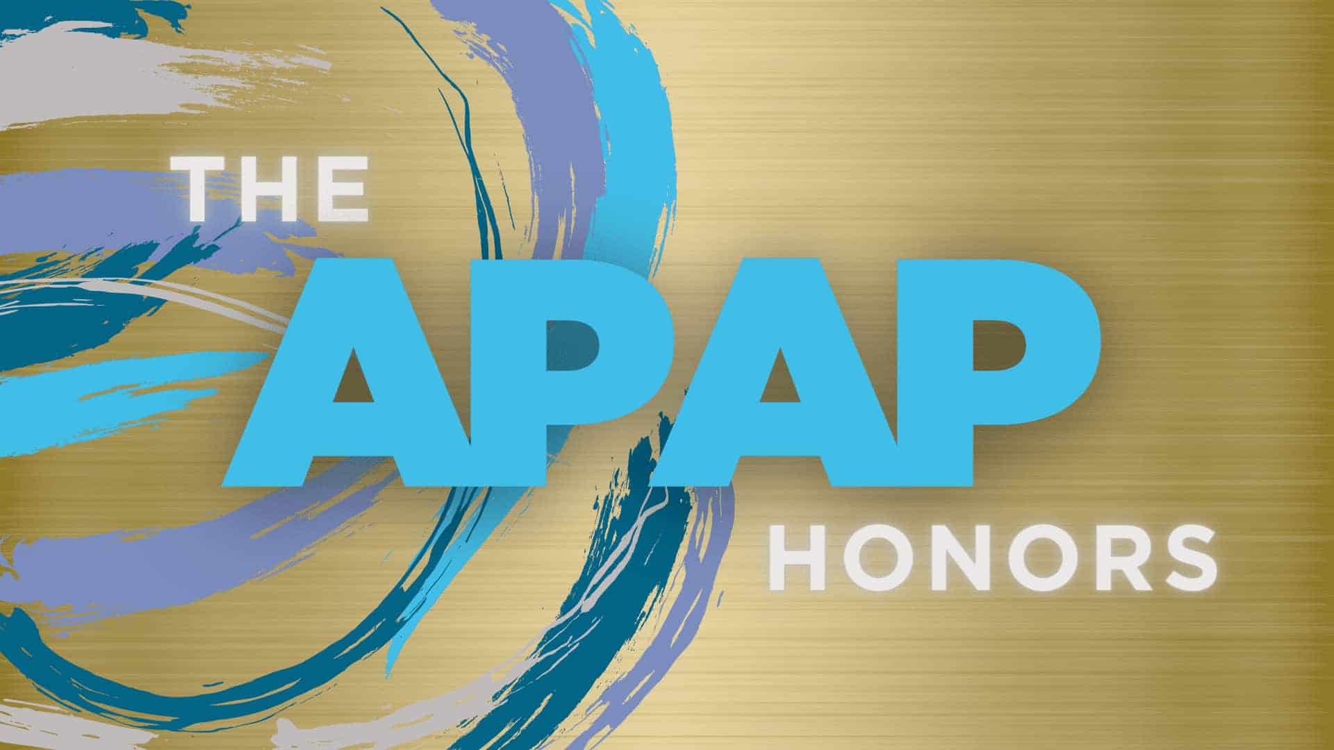 APAP Honors logo featuring blue and white shimmery text over a gold background with blue swishes as decoration.