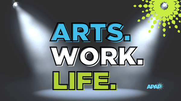 Logo for Arts. Work. Life. podcast in spotlight emitted from APAP starburst logo.