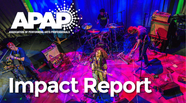 Overhead shot of band with two guitarists, one wind player/percussionist, and a drummer. This is the cover of the APAP Impact Report.