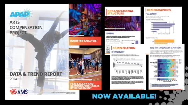 The cover of the Arts Compensation Project Data and Trend Report along with six pages from inside the report, highlighting the special sections of the report.
