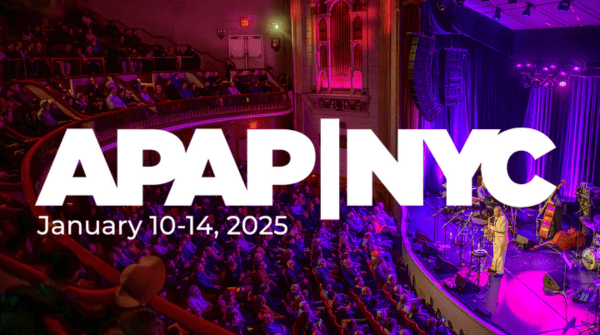 APAP|NYC logo January 10-14, 2025 overlaying an overhead picture of a jazz concert in a proscenium theater.