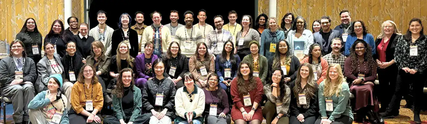 Emerging Leadership Institute 2025 Cohort featuring 40+ smiling early-career arts professionals.